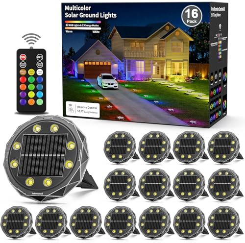 Solar Ground Lights with Remote Control 50ft,IP67 Waterproof Solar Garden 15 Multi Color Lights,RGBYW Solar Powered Outdoor Landscape Lighting for Pathway,Yard,Deck,Lawn,Patio,Walkway,Poolside,16 Pack