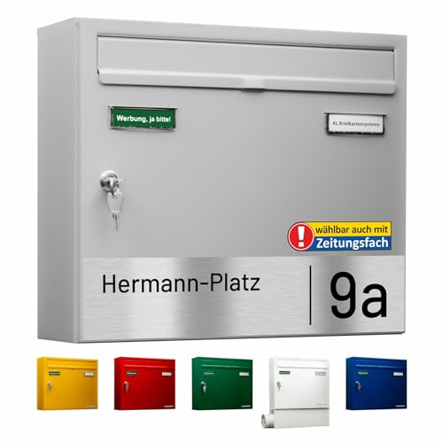 AL Briefkasten Systeme Basic-Line 1er Briefkasten personalisiert mit Namen Schild Straße und Hausnummer - Postkasten Grau modern mit Gravur wetterfest Wandbriefkasten Zaunbriefkasten