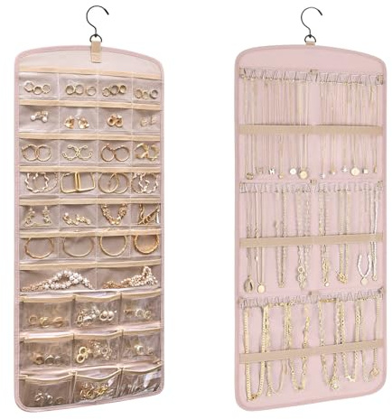 Idota Smyckesorganisatör Hängande Stor, Dubbelsidig Smyckesförvaring med 360° Vridbar Metallkrok, Kedjeförvaring Jewelry Organizer för Dörr/Skåp/Vägg (Rosa)