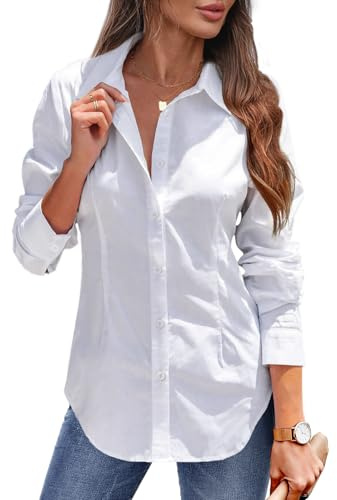Tanmolo Damen Bluse Sommer Hemdbluse Baumwolle Hemd mit Abnähern Reverskragen Business Blusen mit Knopfleiste Elegante V-Ausschnitt Blusenshirt Tops Weiß XL