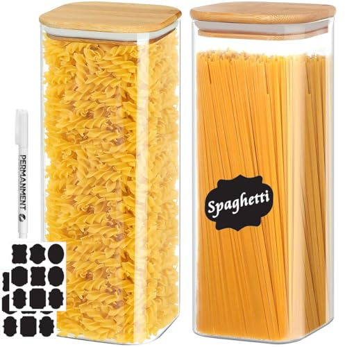 2400ML Set of 2 Spaghetti Storage Jar with Bamboo Lids,Overnight Oats Jars,Tall Large Glass Containers,Square Airtight Glass Jars,Cupboards Spice Cereal Pasta Jar Food Storage containers for Kitchen