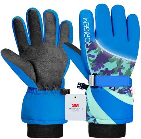 Origem Kids Waterproof Winter Ski Thermal Gloves - 3M Thinsulate Insulated Boys Girls Snow Gloves with 5-Finger Touch Screen Reflective Anti-Slip for 4-17 Years Children Snowboarding Skiing Hiking