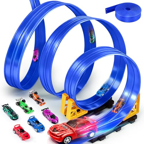 LumenVela Pista Coches Flexible, 5M Circuito Coches Flexible Portátil con 6 Coches de Juguete 1 Bolsa de Almacenamiento 2 Rampas 4 Ventosas Flexible Car Track para Niños 4 5 6 7 Años (Azul)