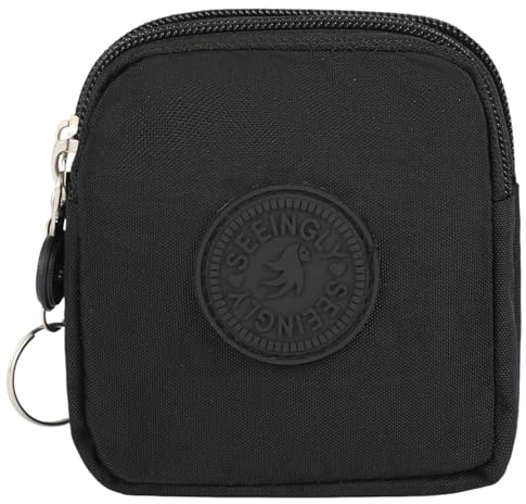 HYJMA Compact Coin Purse for Women, Waterproof Nylon Change Pouch with 2 Zipper Layers (Black)