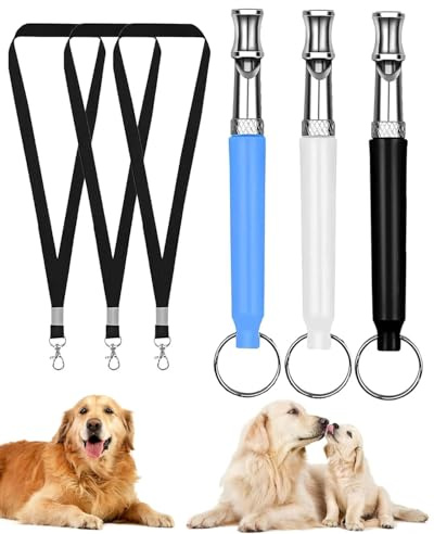 HUVZOR 3 Stück Hundepfeife Rückruf, Hundepfeife Hochfrequenz Lautlos, Metall Hundepfeifen, Einstellbar Erziehungshilfen für Hunde, (weiß + schwarz + blau)