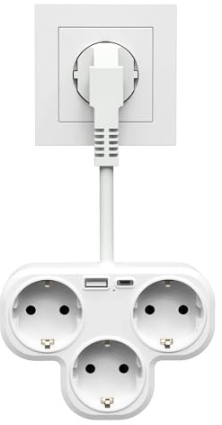 Steckdosenleiste mit USB, Doppelstecker für Steckdose 3 Fach und 2 USB, 5 in 1 Steckdosenadapter, Verteilersteckdose Steckerleiste Mit Kabel