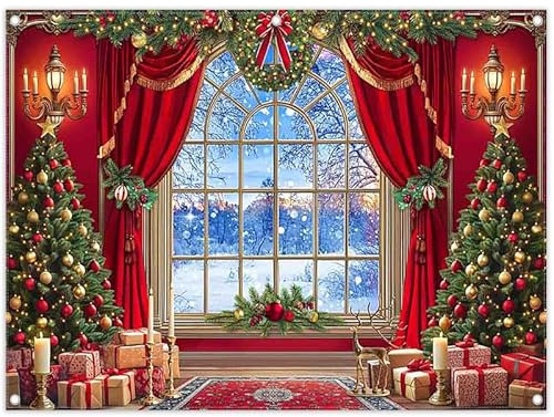 Luminora 2,4x1,8m Toile de Fond de Noël Rideau Rouge Sapin Hiver Neige Nuit Cadeau Élan Photographie Fond Décorations de fête de Noël Bannière Photo Accessoires