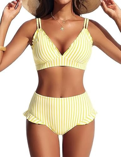 Hanna Nikole Ensemble bikini pour femme, volants mignons, col en V sexy, effet push-up, bas taille haute, double bretelles