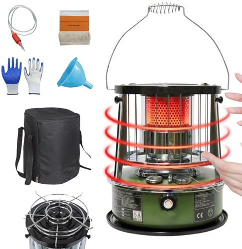 9000 BTU Petroleum Heizung Innenraum Docht-Heizung 4,6L Tank 20 Stunden Laufzeit Stromlose Notheizung Heizgerät für Camping, Garage,militarygreen-height-increasing
