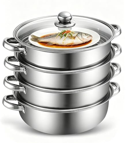 Yunlaishaocer Dampfgarer Topf, 28CM Edelstahl Dampfkocher zum Kochen mit Dämpfeinsatz & Glasdeckel, 3/4 Lagiger Induktion Kochtopf Dampftopf für Gleichzeitiges Dämpfen Suppe, Nudeln, Fische(Vier)
