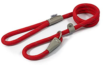 Ancol Viva Reflective Rope and Leather Slip Dog Lead - Red - Lightweight Weatherproof Durable Puppy Training Accessory - 1.5m x 12mm