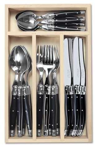 Andre Verdier Laguiole 24 Piece Cutlery Set in Wooden Display Box, Black