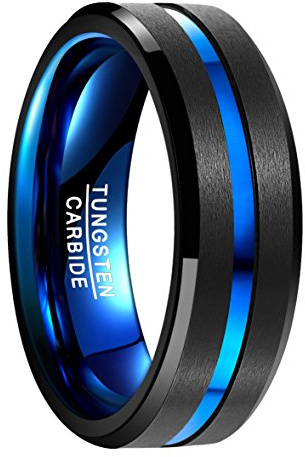 NUNCAD Ring Men Fashion Wolframcarbid mit polierter Oberfläche blauem Groove Außenbreite 8mm bequem schwarz﹢blau Größe 61 (19.4)