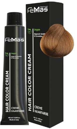 FemMas Hårfärg, gyllene mellanblond 7.3, professionell färgkräm med arganolja, keratin och ceramider, permanent färg eller toning för långvariga resultat, 100 ml