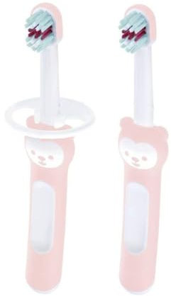 Mam Baby'S Brush Zahnbürste im 2er-Set, mit Sicherheitsring, kurzer Griff, speziell für Milchzähne, 6 Monate, Rosa