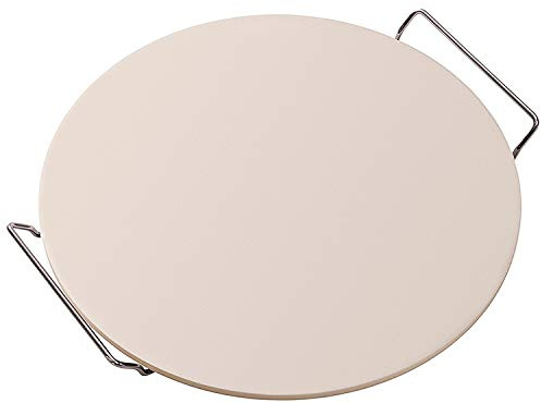 Krumble groß pizzastein rund für backofen und Grill mit Stahlhalter, 38cm Pizza Stone, Pizzaofenplatte, Backofenstein (Beige)