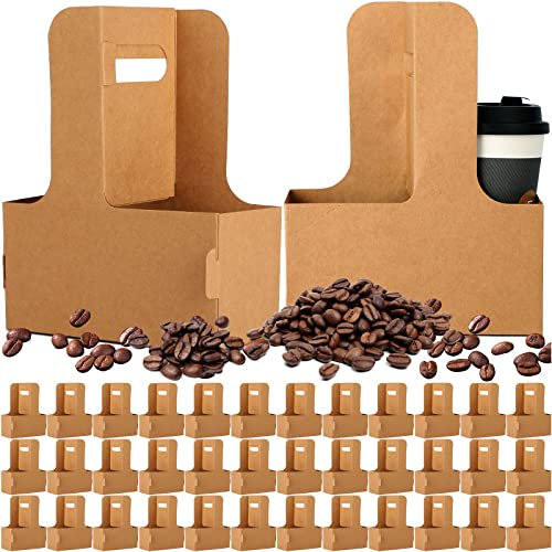 Nuogo 100 Pack 2 Cup Drink Carrier Handled Drink Carrier Holder Disposable Paper Holder Cup with Handle Take Out to Go Coffee for Restaurants Food Delivery (Brown)