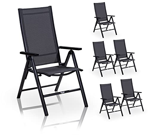 KHG Gartenstuhl Hochlehner 6er Set Alu Klappstuhl, 8-Fach verstellbare Rückenlehne mit Armlehne, Anthrazit Grau wetterfest rostfrei, 120 kg belastbar, Balkonstuhl, vormontiert, Kunststoff Gewebe
