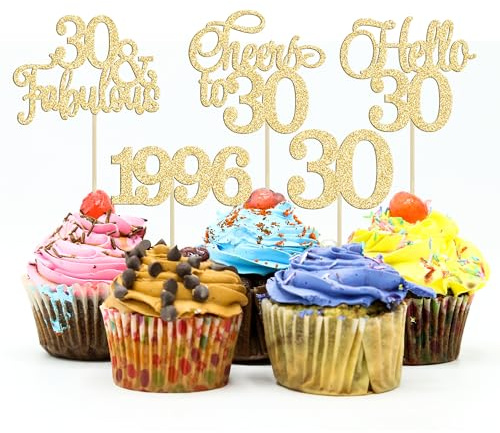 Gyufise 30Pcs 30th Birthday Cupcake Toppers Glitter Hello 30 Cupcake Topper Cheers to 30 1996 Thirty Cupcake Picks for Happy 30th Birthday Anniversary Party Cake Decorations Gold