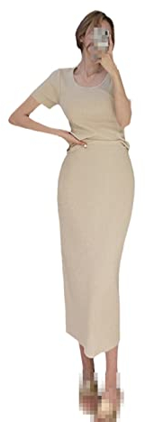 Modisches Strick-Set, zweiteilig, Damen-Pullover-Oberteil + Split-Rock mit hoher Taille, beige, One size