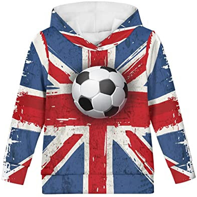 Kuiaobaty Football British Flag Kids Sweatshirt 7-8 Years Football Lovers Hooded Pullover Tops for Boys Blue Red Teens Hoodie with Pocket