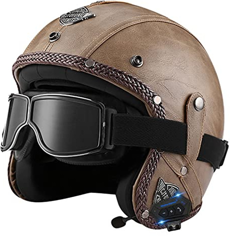 Vintage Cuir Bluetooth Casque De Moto Jet,Adulte Demi Casque ECE Homologué Vintage Casques Moto Bols pour Homme Et Femme avec Lunettes Face Ouverte Casque Mobylette