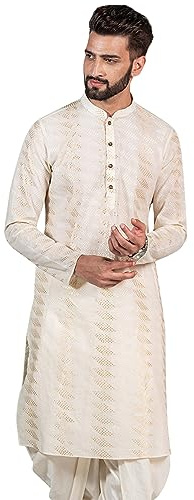 KISAH Men's Printed Cotton Kurta – Regular Fit Long Tunic with Mandarin Collar | Ethnic Wear for Festive Occasions, White1, 38-39 & Thanksgiving
