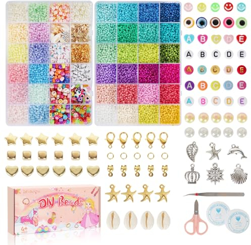 Devolamn 16200 Stück 3mm Bunte Glasperln Selber Machen Set, mit 250 Perlen Buchstaben, 50 Smiley Perlen, Geschenkidee Perlen zum Auffädeln Set für Weihnachten/Feiertage/Geburtstage/Partys/Belohnungen