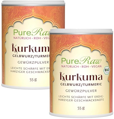 Kurkuma Pulver Bio (Roh Vegan Ayurvedisch) Kurkumapulver Kurkuma Gewürz Gemahlen Curcumin Kurkumin - Ayurveda Kräuter Gewürze - Organic Raw Curcuma Turmeric Powder | PureRaw 110g (=2x 55g)