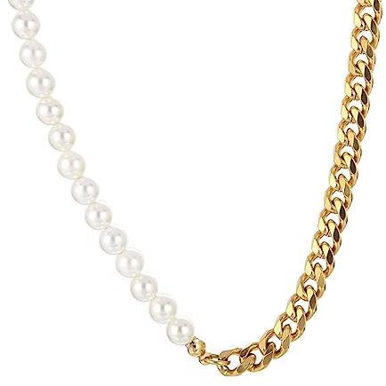 Mesnt Kette Gold Damen, Edelstahl Perle und Kandare Kette Halskette 55cm für Damen Gold