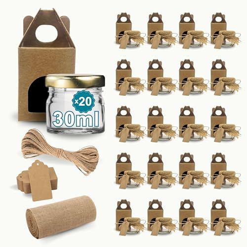 Espirito Rebelde 20 Pots en Verre Vides 30 ml avec Couvercle + Boîtes + Tissu + Ficelle de Jute + Étiquettes Kraft | Confiture, Conserves, Miel | Souvenirs de Mariage