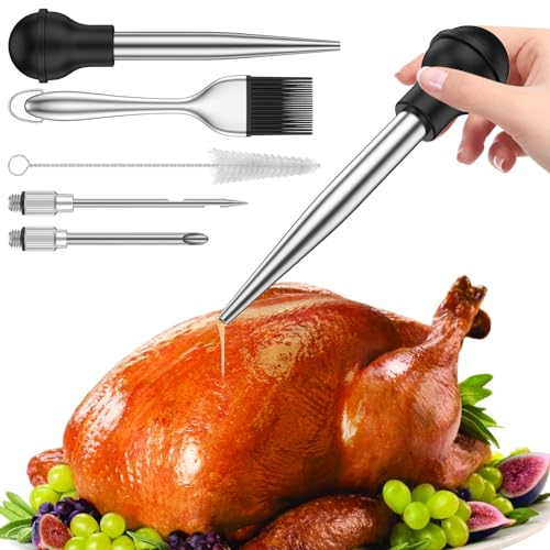 Generic Stainless Steel Turkey Baster Syringe Bulb Detachable Turkey Baster Injector Set Reusable Meat Injector Set with Basting Brush Cleaning Brush 2 Needles for Cooking BBQ Grill Baking
