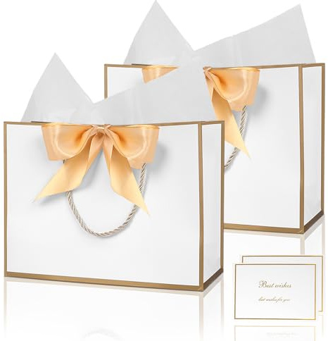 Lot de 2 Sacs Cadeaux D'anniversaire en Papier avec Rubans, 2 Cartes de Vœux, 4 Mouchoirs, 28 x 20 x 10 cm, Sacs Cadeaux avec Anse, pour Mariage, Fête, Anniversaire (White-gold)