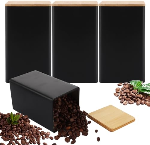 AHAQU Juego de 4 botes de té, café y azúcar, 8,5 x 8,5 x 15 cm, tarros de azúcar, color negro con tapas herméticas de bambú, juegos de recipientes de cocina de metal para almacenamiento de alimentos