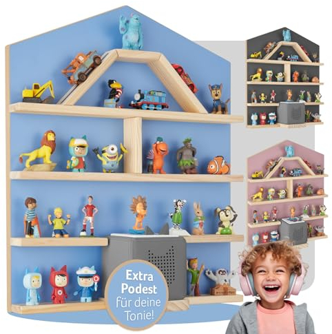 tectake® Holz Regal mit Magnetstreifen für Wand Montage, Wandregal für's Kinderzimmer, Aufbewahrung Musikbox, für Tonies Tonie Hörfiguren und Toniebox - blau