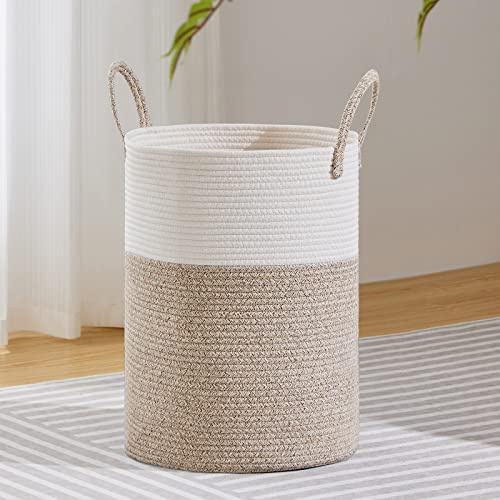 Cesta de lavandería de cuerda tejida – Cesta grande de almacenamiento de 58 L para mantas, juguetes y ropa sucia en sala de estar, dormitorio y baño, blanco y marrón