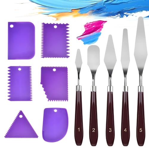YWKJDDM Palette Knife Set - 11Pcs, 5 Stainless Steel & 6 Purple Plastic Scrapers for Art Craft Painting