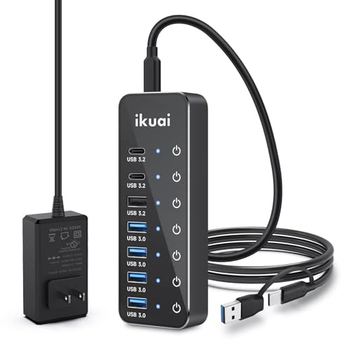 Powered USB Hub, ikuai 7-Port USB 3.2 / USB C Hub, with 3 10Gbps Data Ports (2 USB-C + 1 USB-A) and 4 USB A 3.0 Ports for PC Laptops