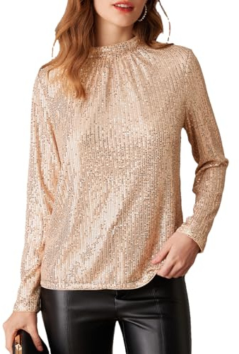 GRACE KARIN Damen Pailletten Bluse Glitzer Langarmshirts Stehkragen Party Festliche Oberteil Rosé Gold L CL2815A24-02
