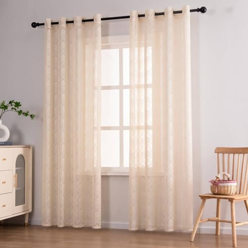 Beydodo Vorhänge Halbtransparent mit Schlaufen, Gardinenschals 2er Set Beige 140x100CM Jacquard mit Blumen Motiv Amerikanisch Lichtdurchlässige Gardinen Polyester SchiebeVorhänge Wohnzimmer