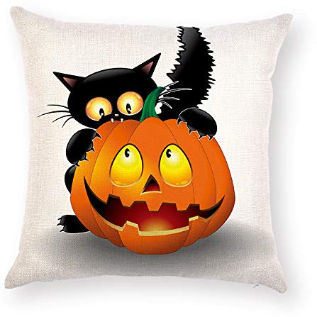 Kissenbezug 40X40 Schwarze Katze Kürbis Kopfkissenbezug Mit Unsichtbarer Reißverschluss,Leinen Dekorativ Zierkissenbezüge Waschbare Outdoor Kissen Sofakissen Kissenhülle,Zierkissen & Hüllen