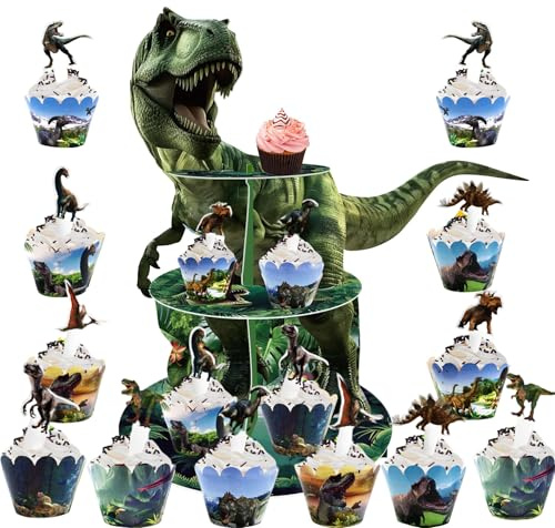 Présentoir à gâteaux à 3 étages - Tour à cupcakes - Décoration de fête d'anniversaire sur le thème des dinosaures