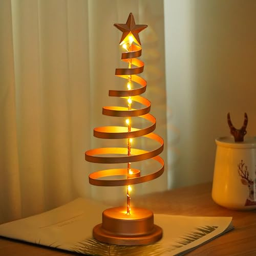 Petit sapin de Noël avec éclairage - Décoration de Noël en métal - Mini sapin de Noël avec guirlande lumineuse - Décoration de Noël LED - Avec étoile - Éclairage de Noël moderne (doré B)