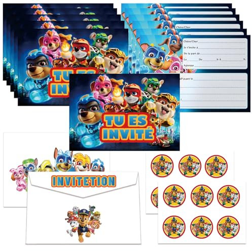 Carte invitation Anniversaire Pat-patrouil(Français), Cartes D'invitation pour Enfants, 12 Carte D'invitation+12pcs Enveloppe+12pcs Autocollant, Invitations De Anniversaire Pour Garçon et Fille (3)