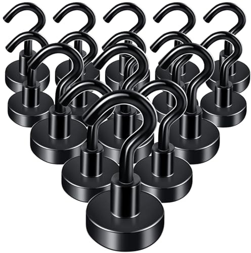 Anelueeoo 16 Stück Magnethaken Klein Magnethaken Extra Stark 20mm Magnet Haken Neodym Magnete mit Haken Magnetische für Küchen Camping Grill Büro Outdoor und Kreuzfahrt Zubehör Schwarz