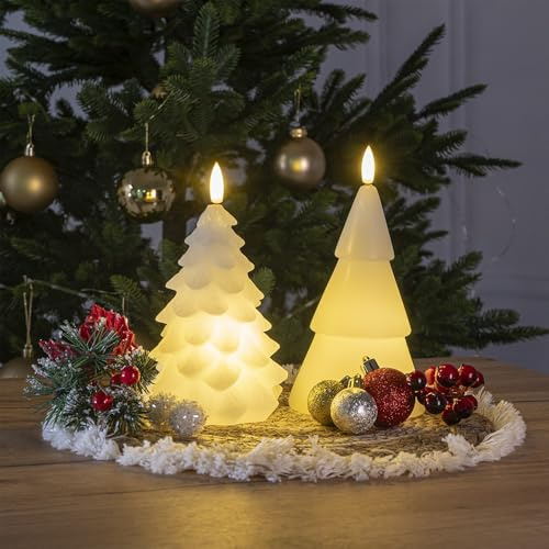 Ideen mit Herz Vela LED de cera real, vela de Navidad, árbol de Navidad 2, diámetro de 9 cm, 18 cm de alto, blanco cálido, con función de temporizador, funciona con pilas
