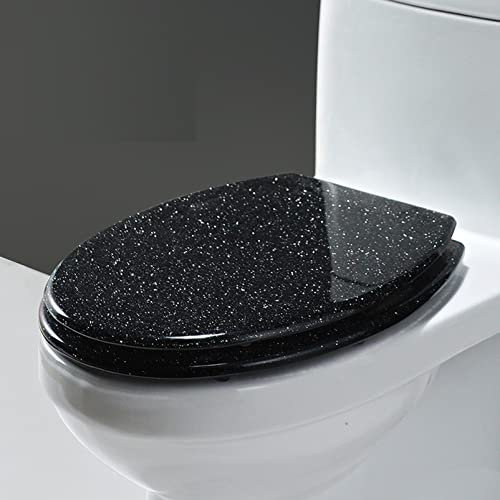 Glitter Toilet Seat, Glitter Slow Close Round Toilet Seats with Cover, Universal Quiet-Close Toilet Lid(Black)