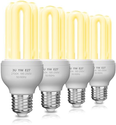 BrightArk 4 Pack Energy Saving Light Bulbs, 11W CFL Low Energy Light Bulbs E27 ES Screw in 11W=60W, Warm White 2700K 3U CFL Compact Fluorescent Stick Bulbs, Non-Dimmable