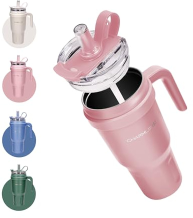 Charmline Borraccia Termica 1,2L con Cannuccia e Coperchio, Bottiglia Grande Capacità per Bevande Calde e Fredde, Perfetta per Casa, Ufficio o Palestra, Rosa