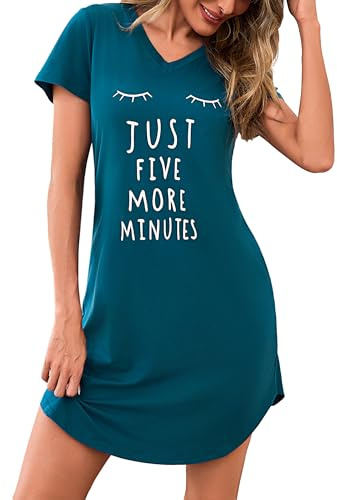 Bresdk Chemise de Nuit Femme à Manches Courtes Robe de Nuit en Coton à Imprimé à Col V